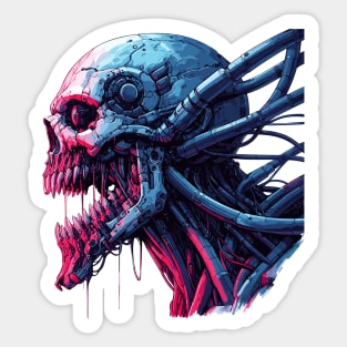 Creepy cyborg neon skull cyber punk art Sticker